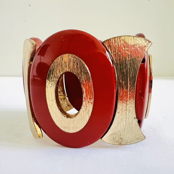 70s Vintage Red Resin / Goldtone Metal Stretch Statement Bracelet Modernist - Picture 2 of 11